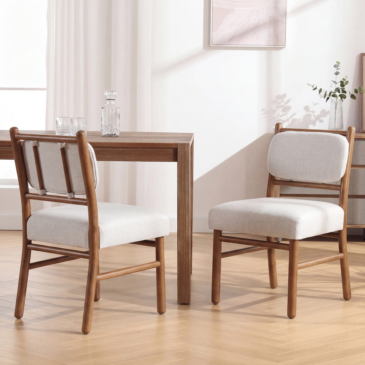 Fabric Upholstered Dining Chairs, Modern Armless Side Chairs with Solid Rubber Wood Legs, Comfortable Mid-Back Padded Seating for Kitchen Dining Room (Set of 2), Dark walnut wood with Beige fabric