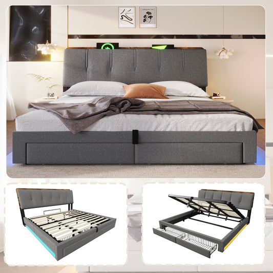 Upholstered Bed, 180x200 Cm, Hydraulic Storage, With USB Type-C Charging Function, Without Mattress, Multifunctional Storage, LED Lighting, Pushbutton Appdien, Linen, Grey