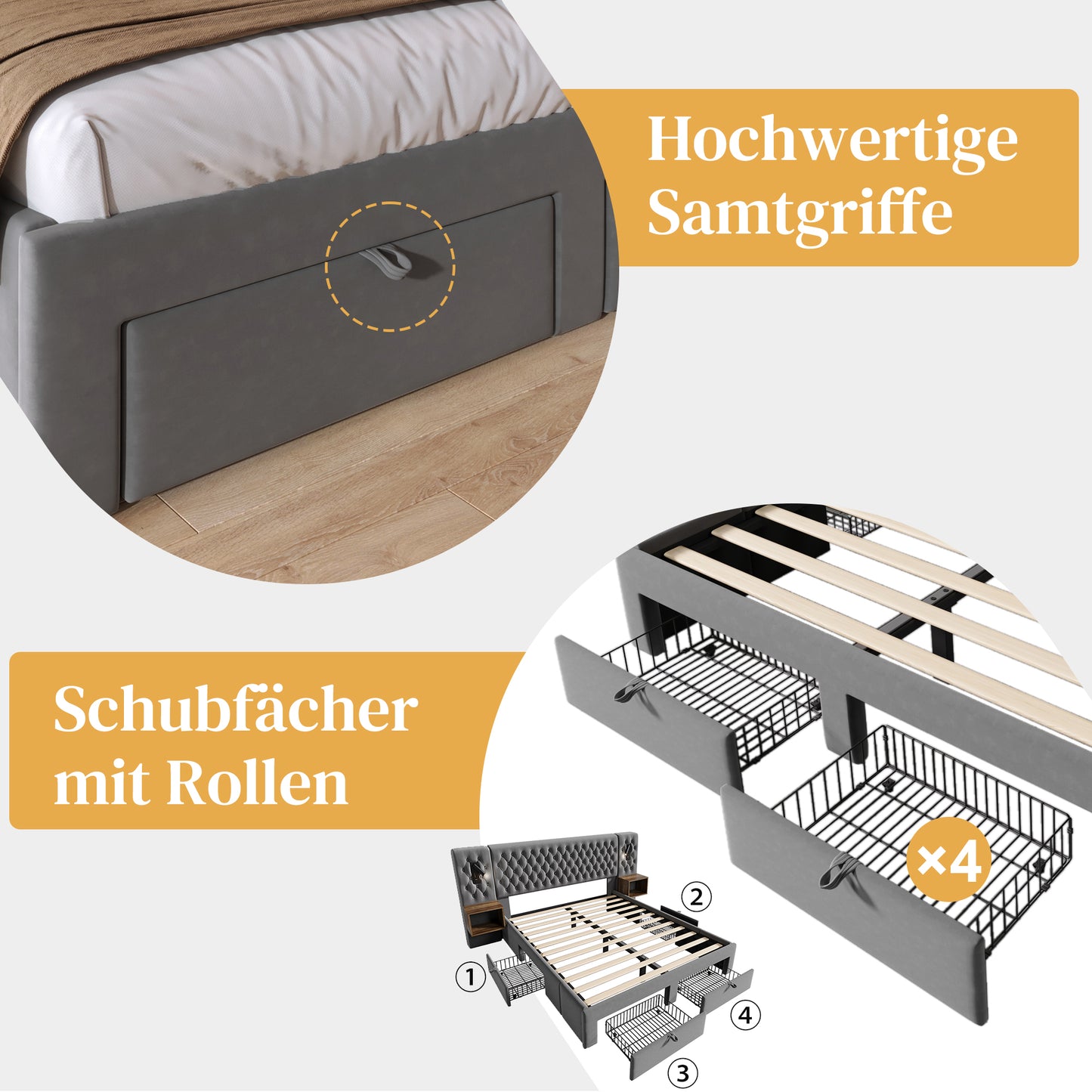 AB30098234G Bed System Bedroom Complete Set, Upholstered Bed Double Bed 180x200 Cm With 2 Bedside Tables And 4 Drawers, Headboard Reading Light With USB Charging Function, Grey, Velvet  Without Matt