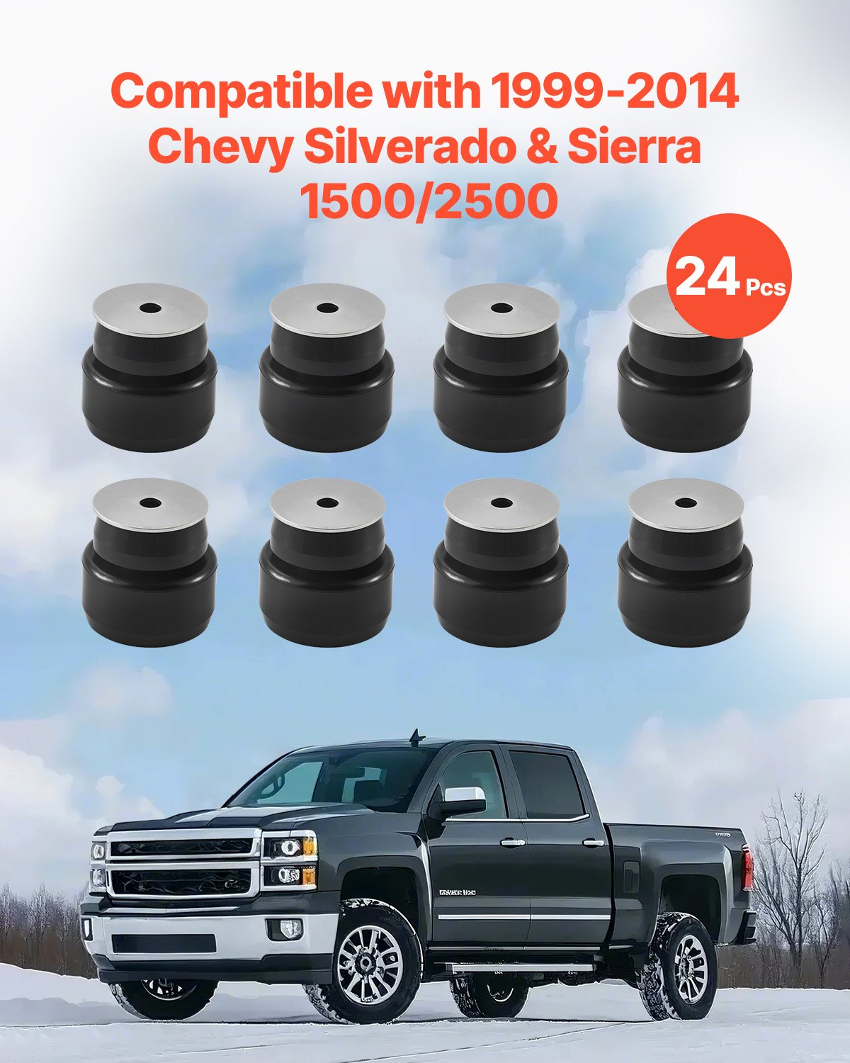 Body Mount Bushing Kit, Compatible With 1999-2014 Chevy Silverado & Sierra 1500/2500, 24 PCS Polyurethane Body Mount Kit, Durable Components For Improving Bumpy Driving Performance, Black