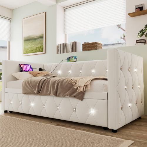 Daybed Single Upholstered Bed Sofa Bed With USB &Type C Charging Station, 3FT Single Bed 90 X 190 Cm With Trundle ,Pull Out Trundle For Living Room And Bedroom, Velvet