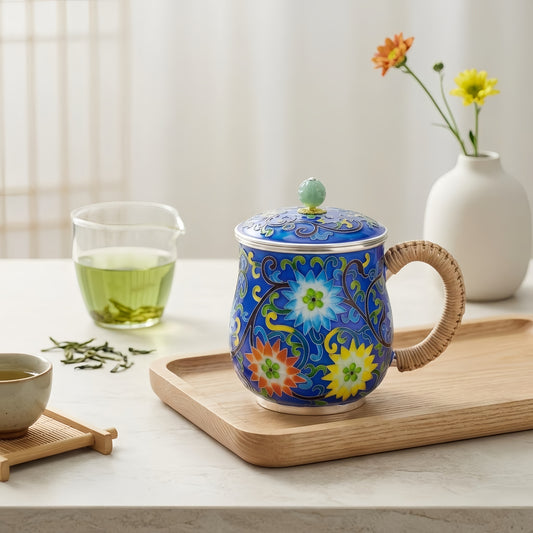 925 Sterling Silver Elegant Blue Cloisonné Enamel Tea Mug with Floral Patterns and Woven Handle - Handicraft