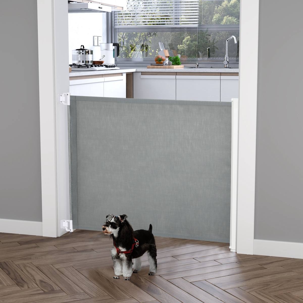PawHut Retractable Pet Safety Gate, Folding Dog Barrier, Grey