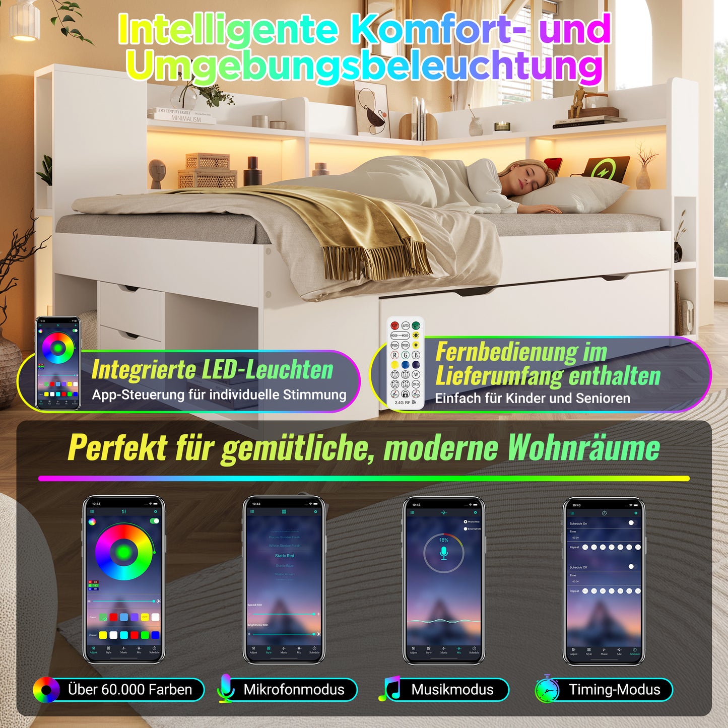 Daybed 140x200 Cm White Functional Bed With LED Lighting Double Bed Made Of Engineered Wood With USB & Type-C Charging Station Storage Space Shelves And Drawers Guest Bed Incl. Slatted Frame  Without