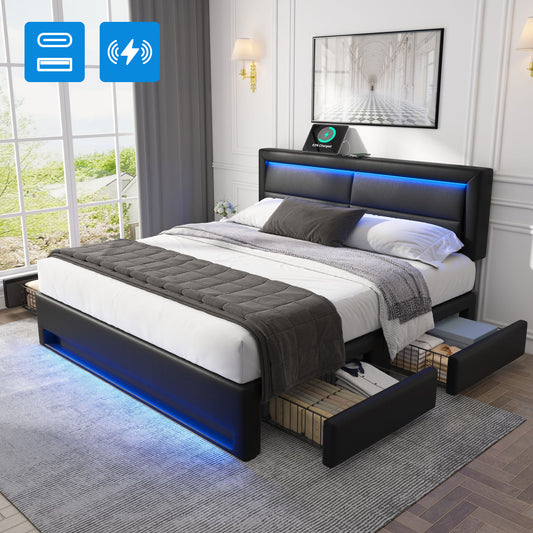 Upholstered Bed 140 X 190 Cm With USB Port  Supports Wireless And Wired Charging , With LED Lighting And Four Storage Drawers, Without Mattress, PU Lychee Design, Black OLD SKU3256234AAS