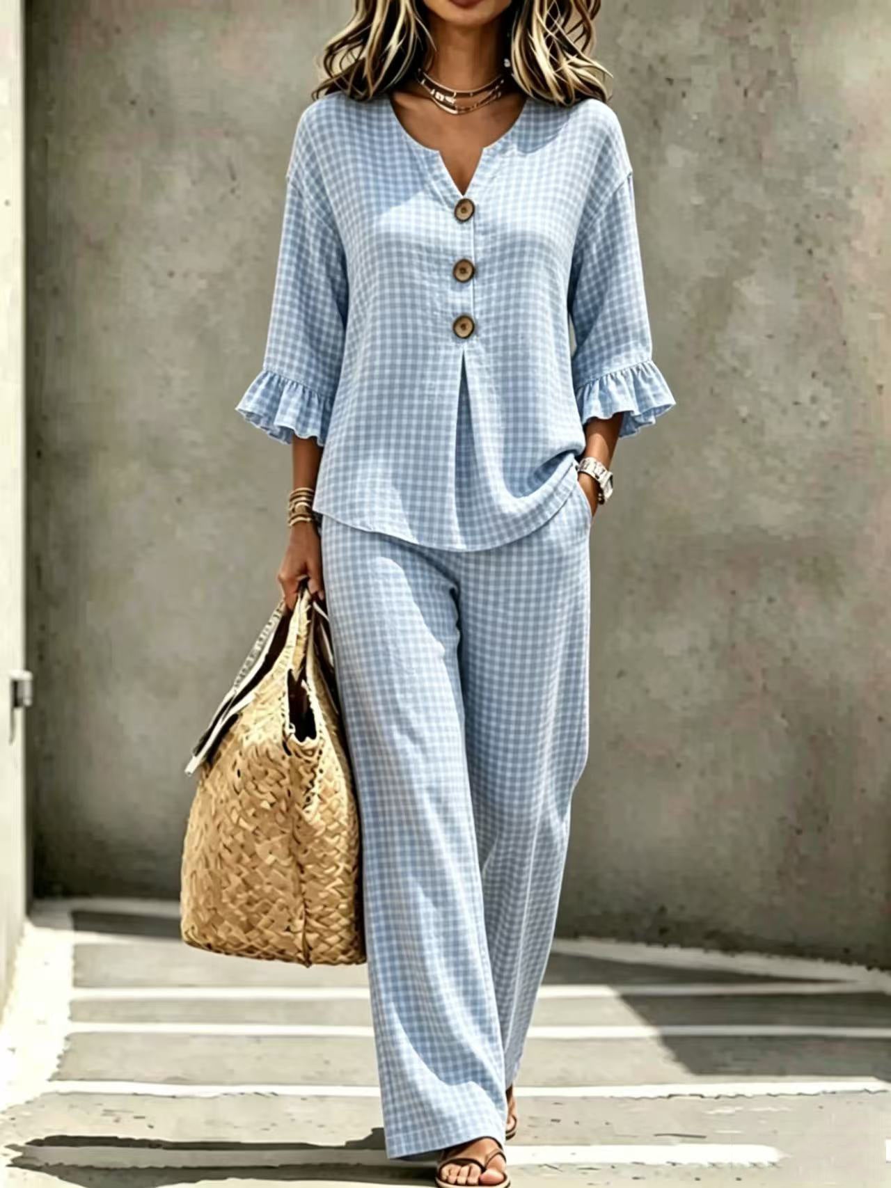 Womens New Casual Buttoned V-Neck Ruffled Hem Plaid Three-Quarter-Sleeve Top And Pants Set