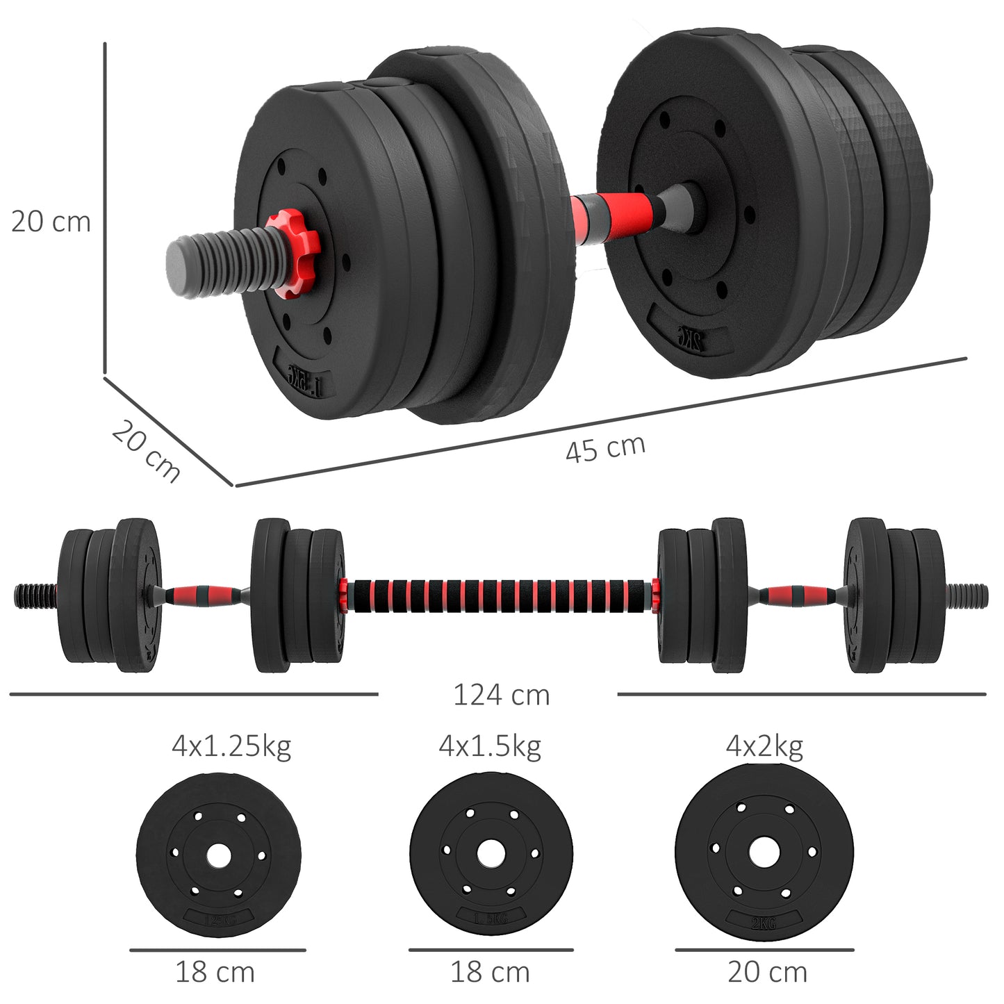 20kg 2 IN 1 Adjustable Dumbbells Weight Set, Dumbbell Hand Weight Barbell For Body Fitness, Lifting Training For Home, Office, Gym, Black