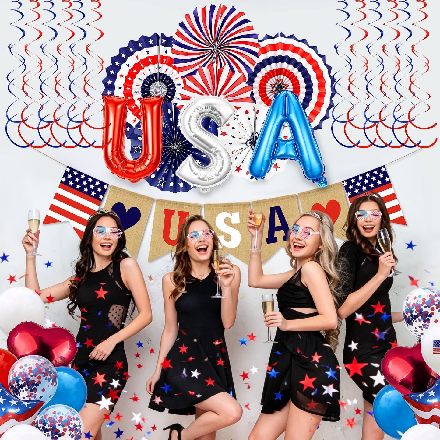 1Set 4th Of July Decorations Set,Patriotic Party Supplies With USA Foil Balloons Paper Fans Confetti Balloons Hanging Streamers Star Confetti Flags For Independence Day Memorial Day Veterans Day
