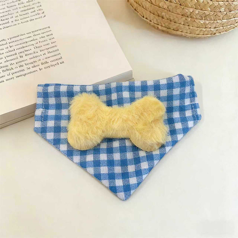 Pet Plaid Plush Bone Bow Saliva Towel