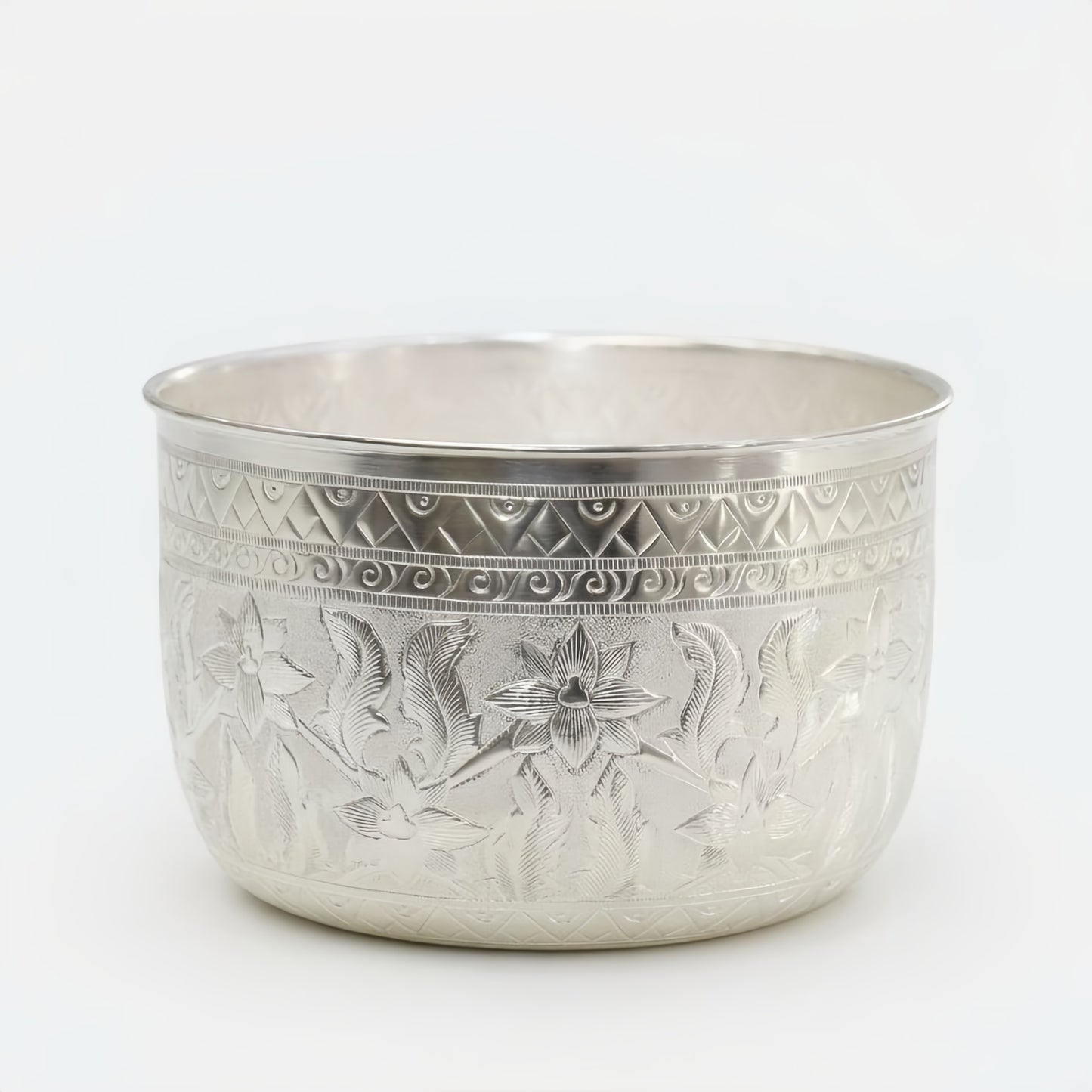 Pure 999 Fine Silver Elegant  Bowl with Intricate Floral and Geometric Engraving-Fine tea bowl - Handicraft