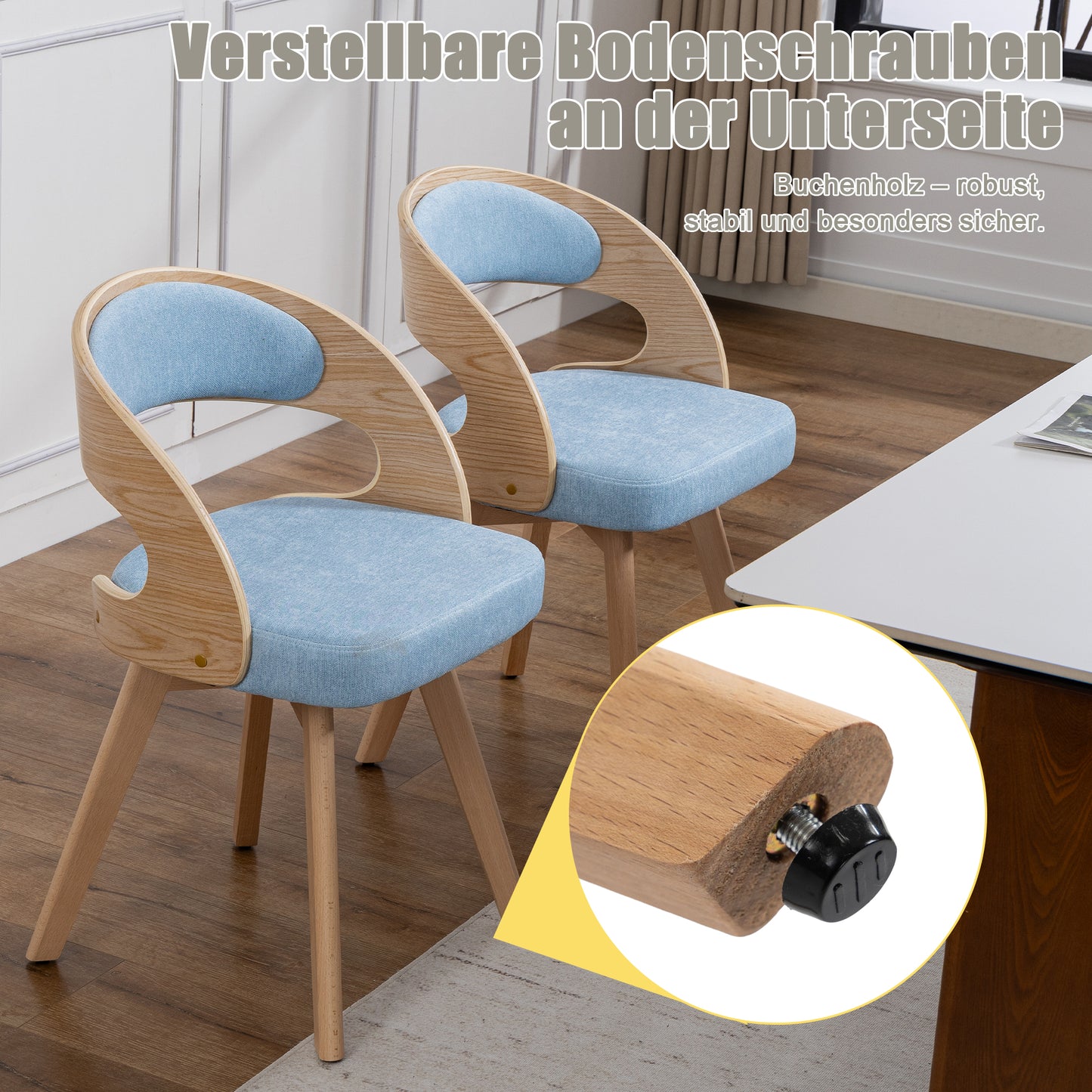 A Set Of Two Wooden Dining Chairs In A Modern Style, With Swivel Seats, Cotton Linen Seat Cushions And Curved Backrest, Accent Chairs For Kitchen, Cafe& Living Room  Blue Linen
