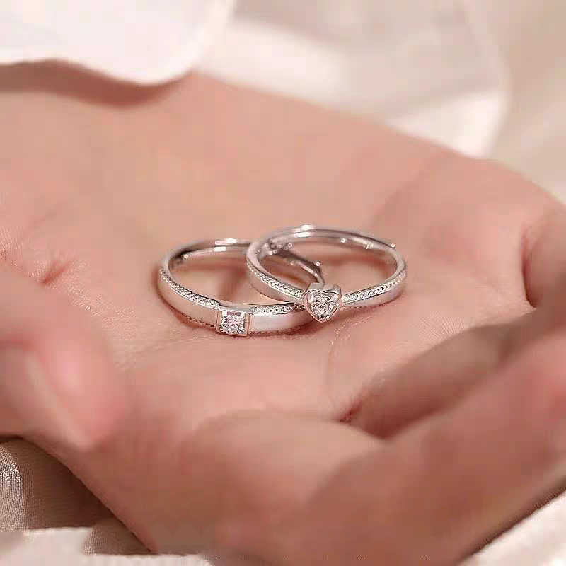 1 Pair 999 Sterling Silver Diamond Heart & Square Couple Rings, Minimalist Romantic Style, Perfect For Daily Wear & Valentine's Gifts