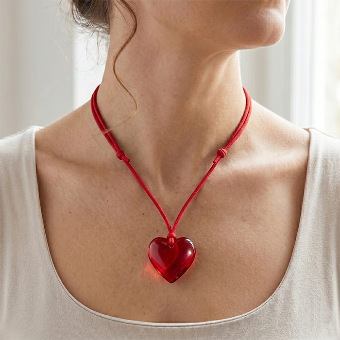 Y2K Puffy Glass Heart Pendant Necklace - Large Murano Style Heart Charm On Adjustable Cord - Cute Chunky Romantic Jewelry Gift For Women
