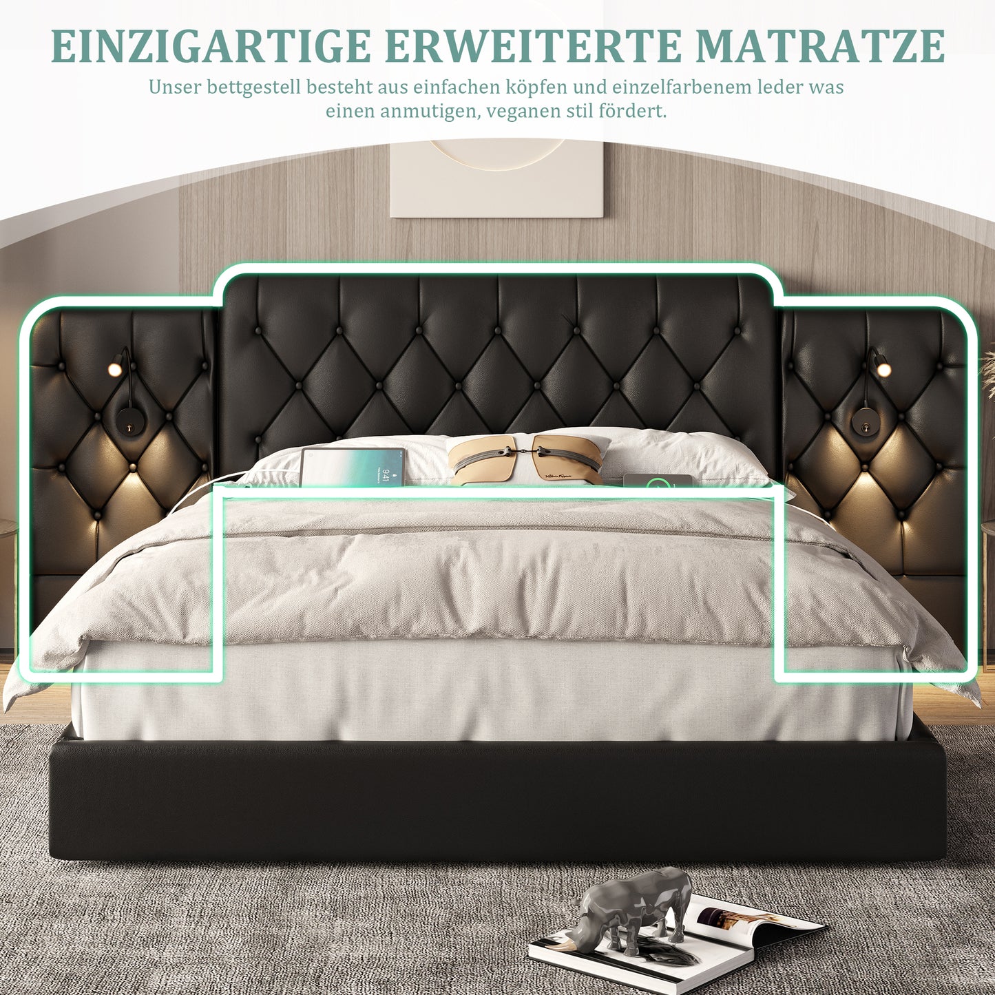 Old SKU W1880S00075 Bed Frame With Long Headboard, Fashionable Velvet Material, Multiple USB Ports, Desk Lamp, Hydraulic System, Extra Large Storage Space At The Bottom, 180 X 200 Cm, Black