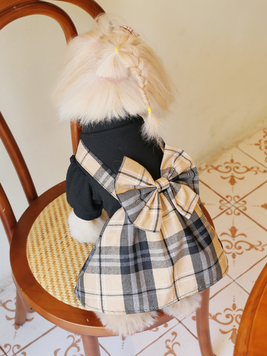 Pet dress-spliced check-black coffee-m-polyester-1 piece
