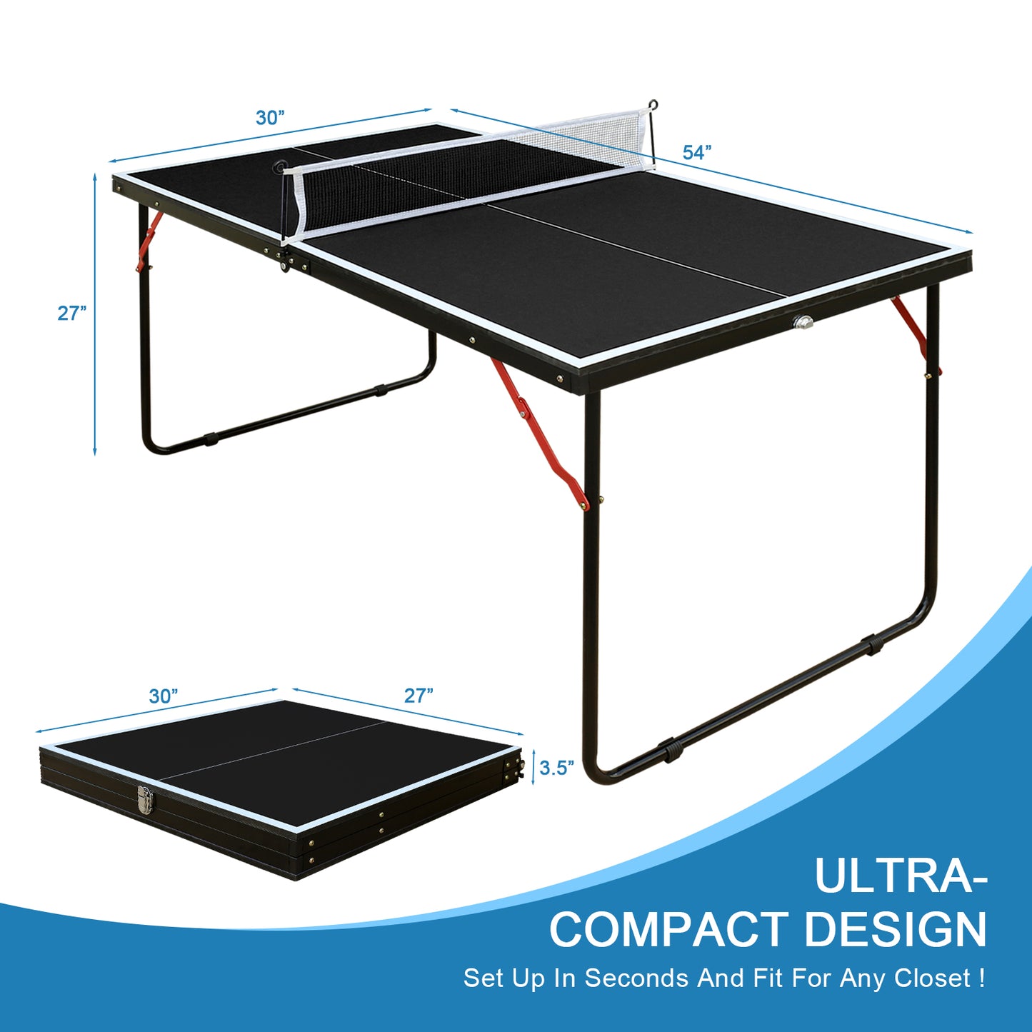 4.5ft Black Table Tennis Table Foldable & Portable Ping Pong Table Set With Net And 2 Ping Pong Paddles For Indoor Outdoor Game