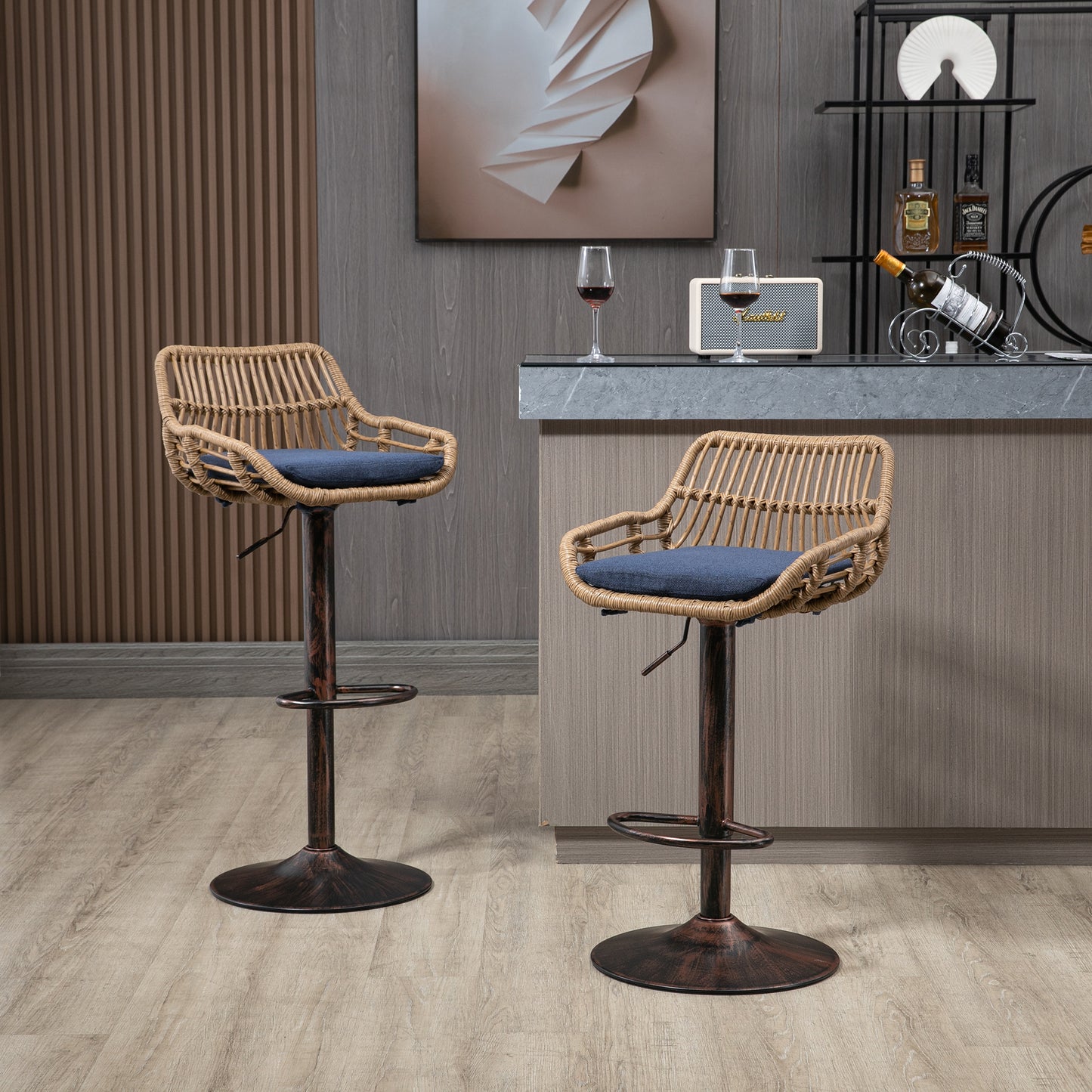 Modern Swivel Bar Stools Set Of 2 Adjustable Counter Height Chairs With Footrest For Kitchen, Dining Room  Blue