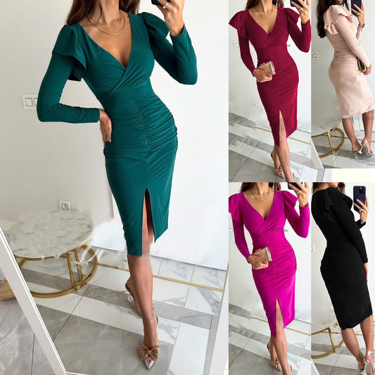 Womens Fashion V-Neck Defined Waistline Slit Long-Sleeve Dress