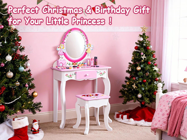 Kids Vanity Set Floral Printed Wooden Makeup Dressing Princess Table With Mirror And Stool For Role Playing Pink