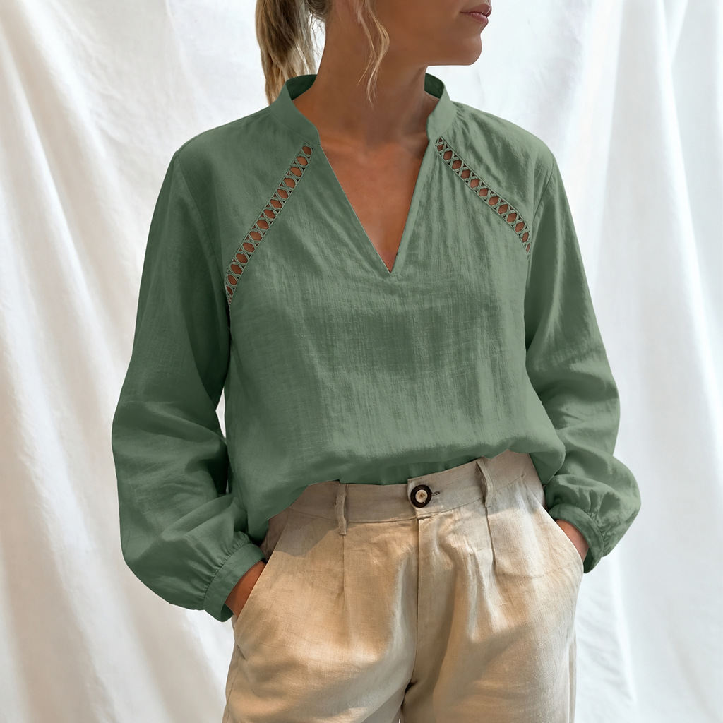 French-style V-neck Cotton-linen Blouse For Work And The Office