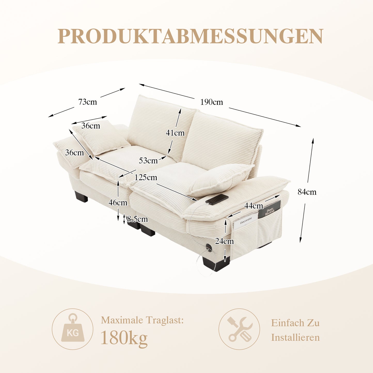 Modular Corduroy Sofa For 2 People With A Wide Seat, Ergonomic Design, High-density Foam Padding, USB-C Port And Side Pockets. Ideal For Living Room, Office Or Lounge.Beige