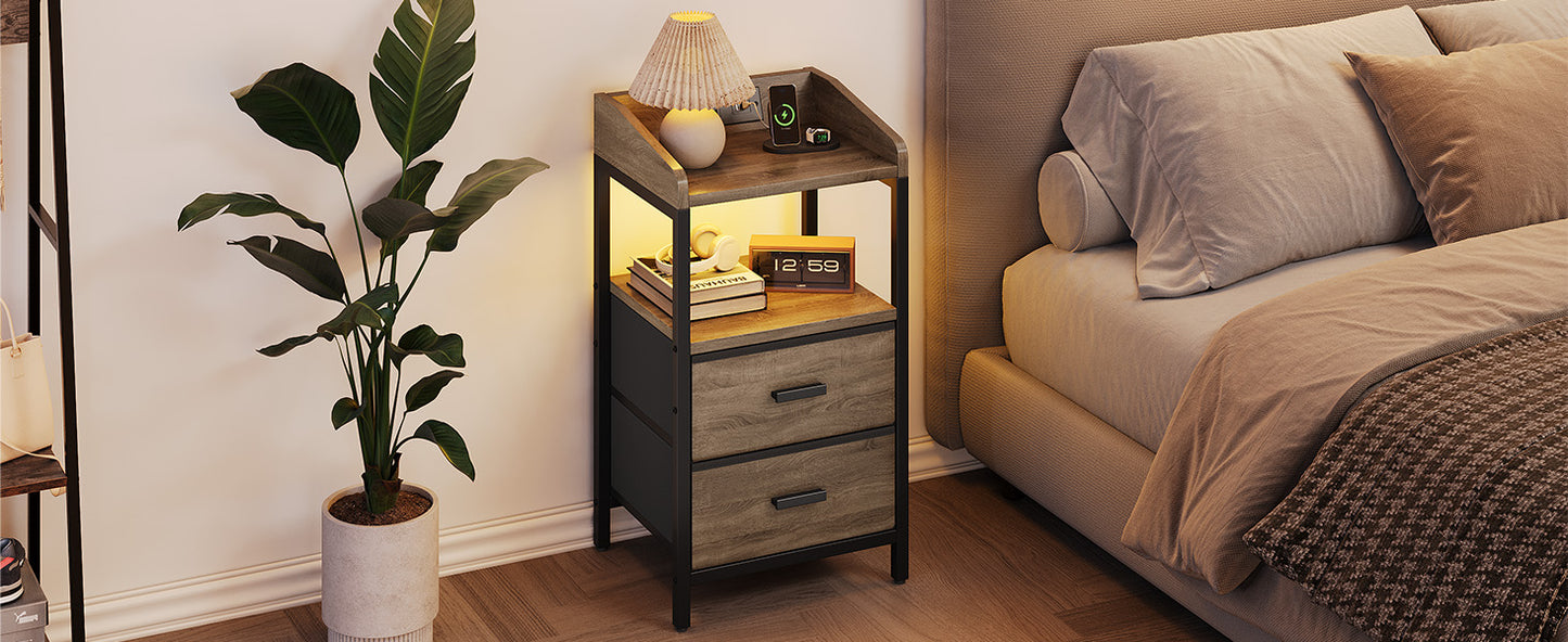 Nightstand With Charging Station Modern Bedside End Side Table With Guardrail Storage Shelf 2 Fabric Drawers USB Ports AC Outlets