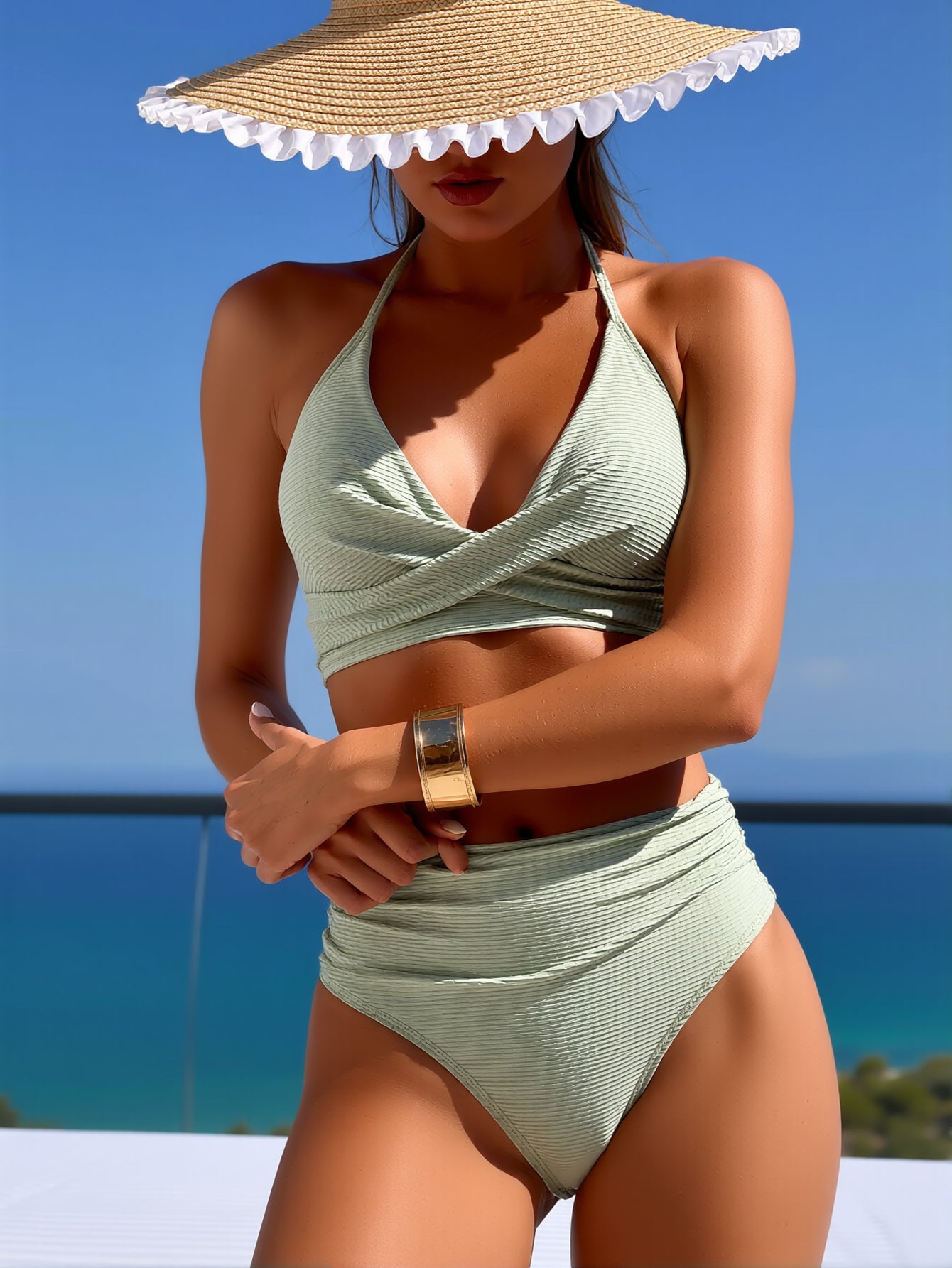 2026 New Mint Green Vertical Striped Halter Cross V Neck High Waist Bikini Two Piece Set Women Slimming Split Swimsuit For Beach Vacation, Minimalist Elegant Style