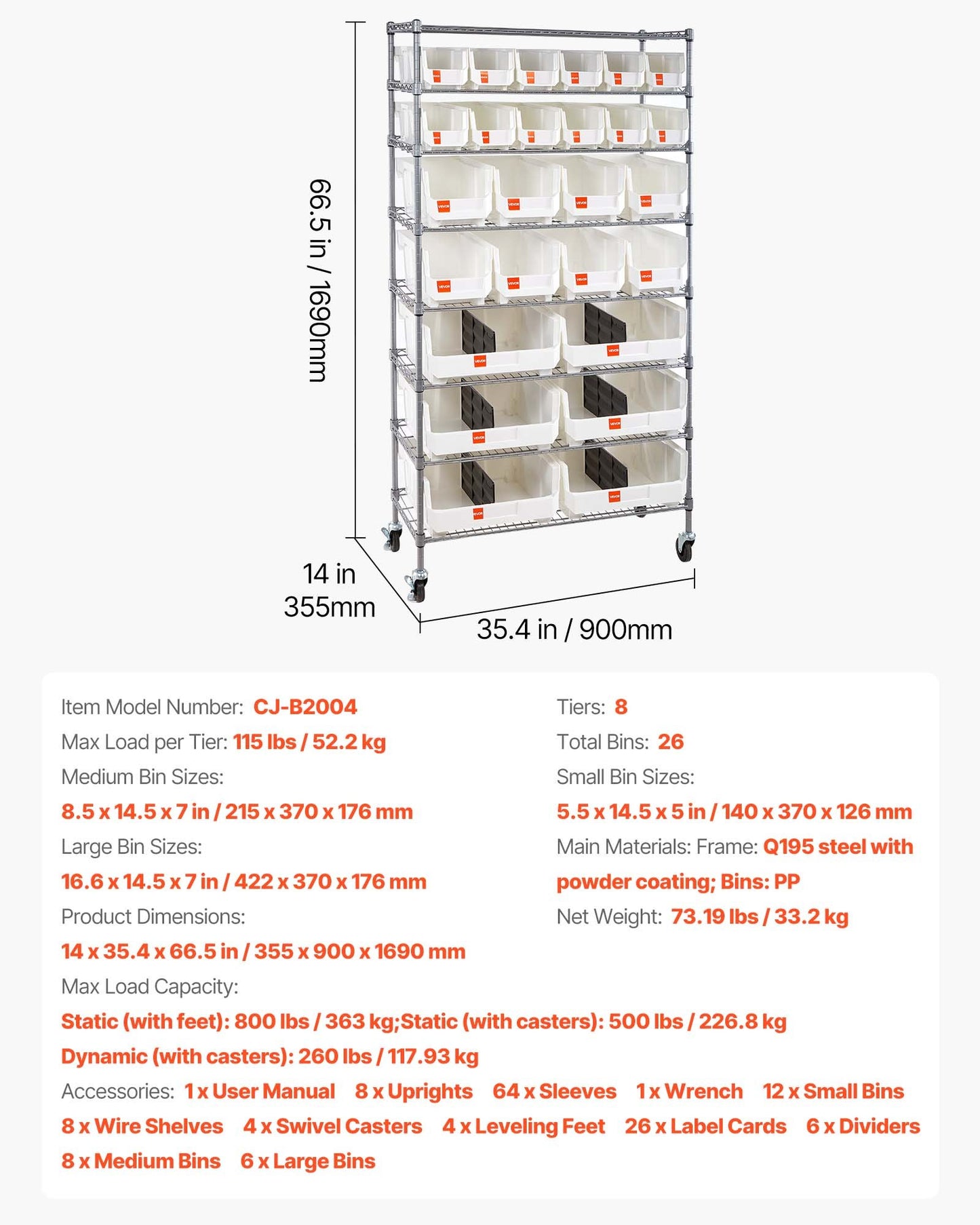 8-Tier Rolling Bin Storage Rack, 26 Organizer Bins, Bin Rack Storage Steel Wire Shelving System With Wheels, Mobile Tool Organizer For Garage, Warehouse, Office, Restaurant, Classroom, Kitchen