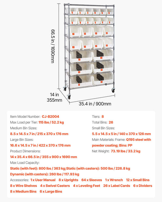 8-Tier Rolling Bin Storage Rack, 26 Organizer Bins, Bin Rack Storage Steel Wire Shelving System With Wheels, Mobile Tool Organizer For Garage, Warehouse, Office, Restaurant, Classroom, Kitchen
