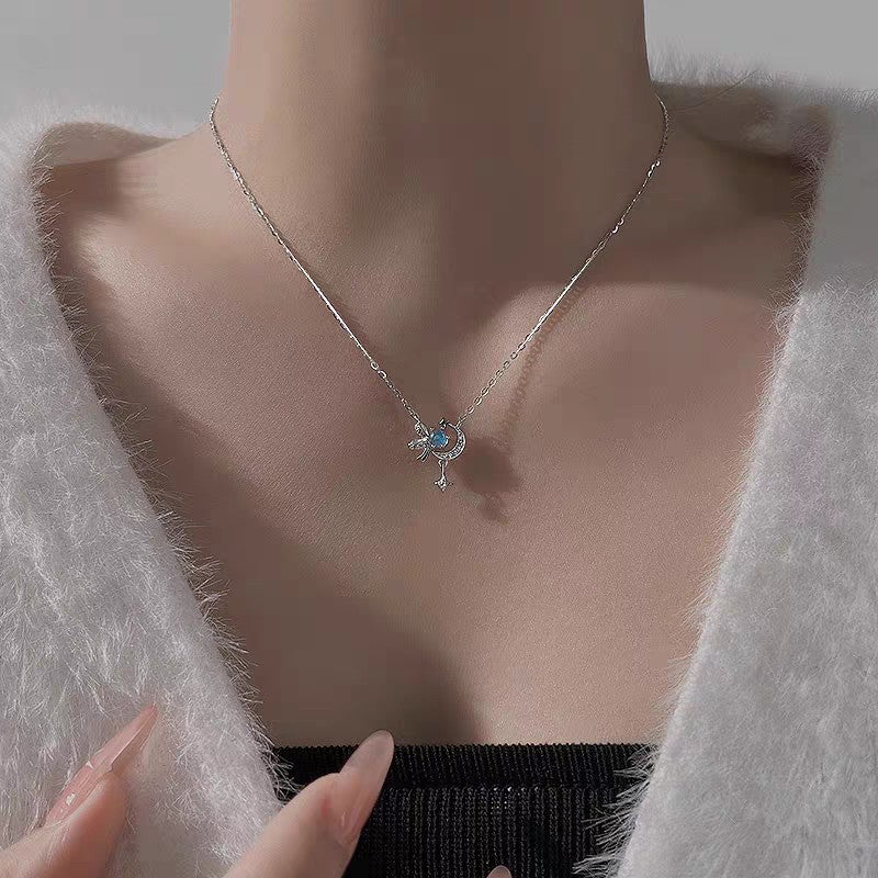 1pc 999 Sterling Silver Diamond Moon Star Bow Pendant Necklace, Delicate Sweet Style, Perfect For Daily Wear & Valentine's Gifts