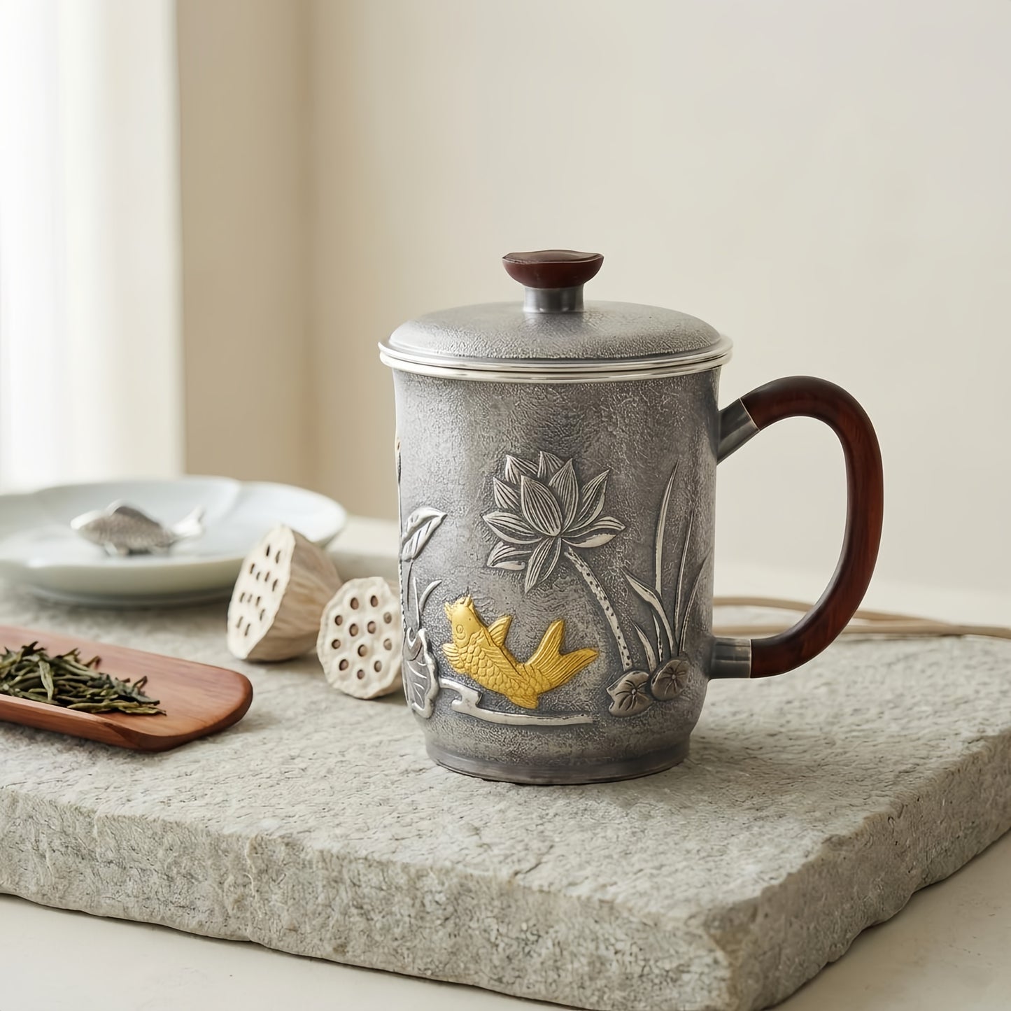 Pure 999 Fine Silver Elegant  Tea Cup with Gold Fish and Lotus Design-Premium Tea Mug - Handicraft