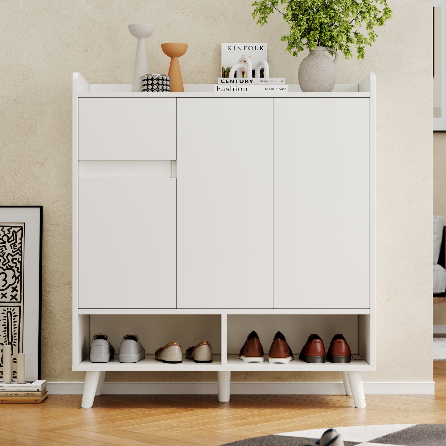 Chest Of Drawers  Sideboard  Shoe Cabinet With Adjustable Shelves - Minimalist Home Organizer With Solid Wood Legs - Dimensions H99 Cm X W90 Cm X D35 Cm