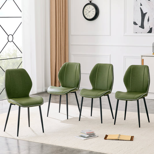 4 Sets Of Retro Olive Green PU Dining Chairs With A Spacious And Comfortable Cushion.Multiple Colors Available, With Black Metal Legs And Adjustable Feet, Suitable For Dining Room, Study & Office,etc.