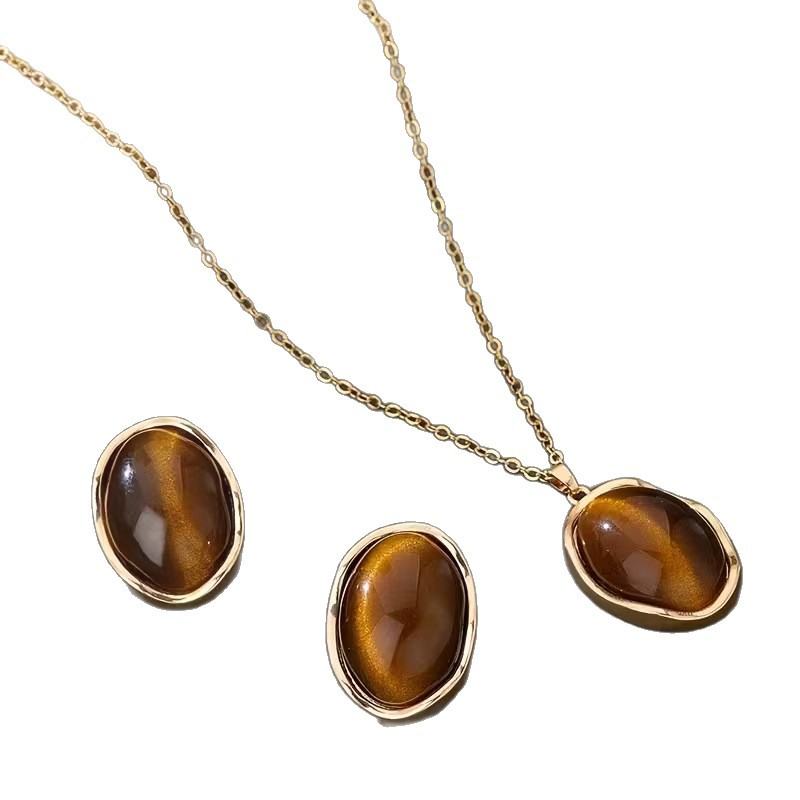 European American Exaggerated Water Drop Jewelry Set, Faux Tiger's Eye Inlaid Drop Pendant Stud Earrings & Necklace, Elegant Hepburn Style Textured Women Accessories
