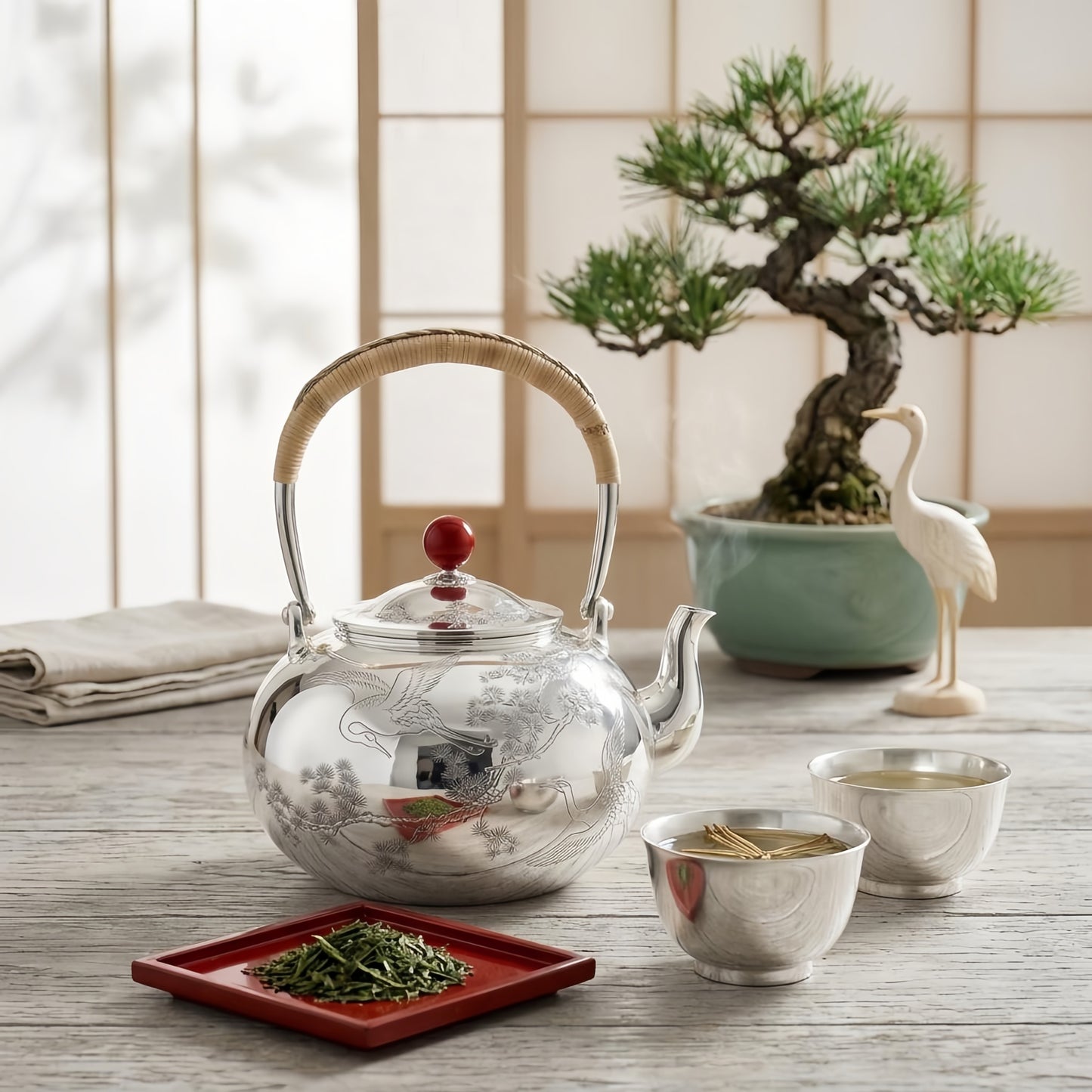 925 Sterling Silver Elegant Silver Tea Kettle Featuring Crane Engravings and Woven Bamboo Handle - Handicraft