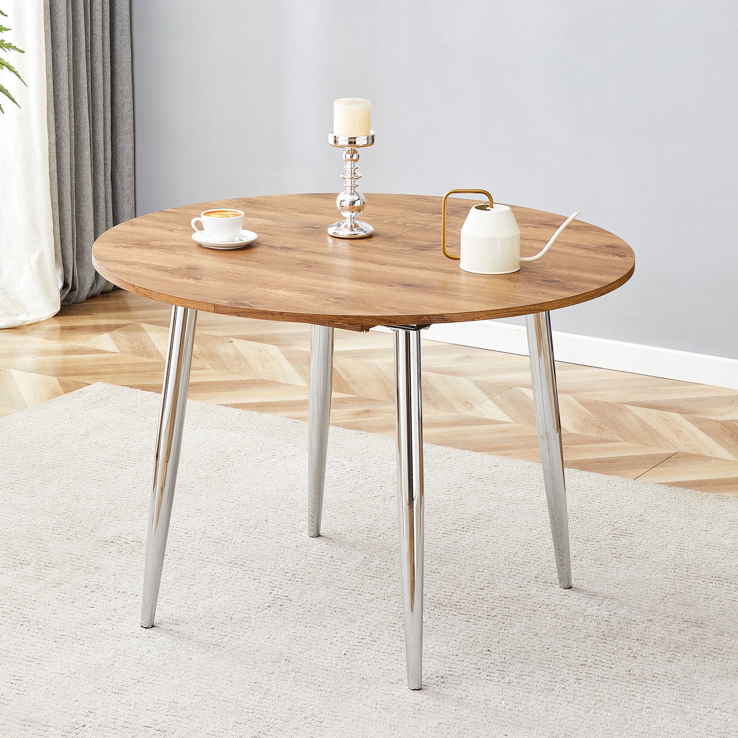 With A Clever Retractable Mechanism, The Wood Grain MDF Table Top And Silver Metal Legs And Has A Smooth And Delicate Surface.The Unique Look Creates The Sleek Silhouette Of A Modern Home.