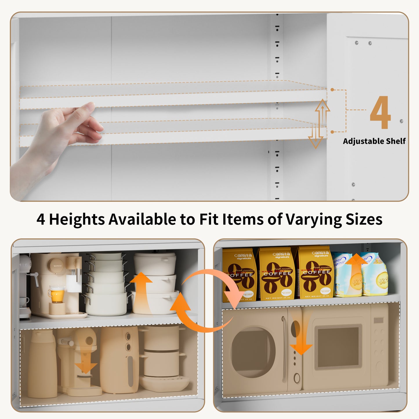 White Steel Kitchen Pantry Storage Cabinet With Adjustable Shelves, Heavy-duty Country Cabinet For Kitchens, Bathrooms And Living Rooms