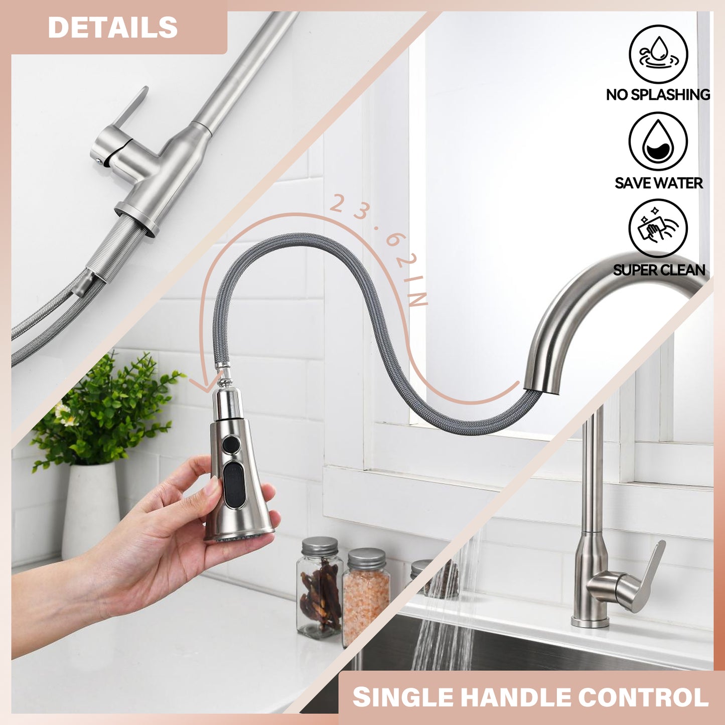High Single Handle Stainless Steel Brushed Nickle Kitchen Faucets With Pull Down Sprayer