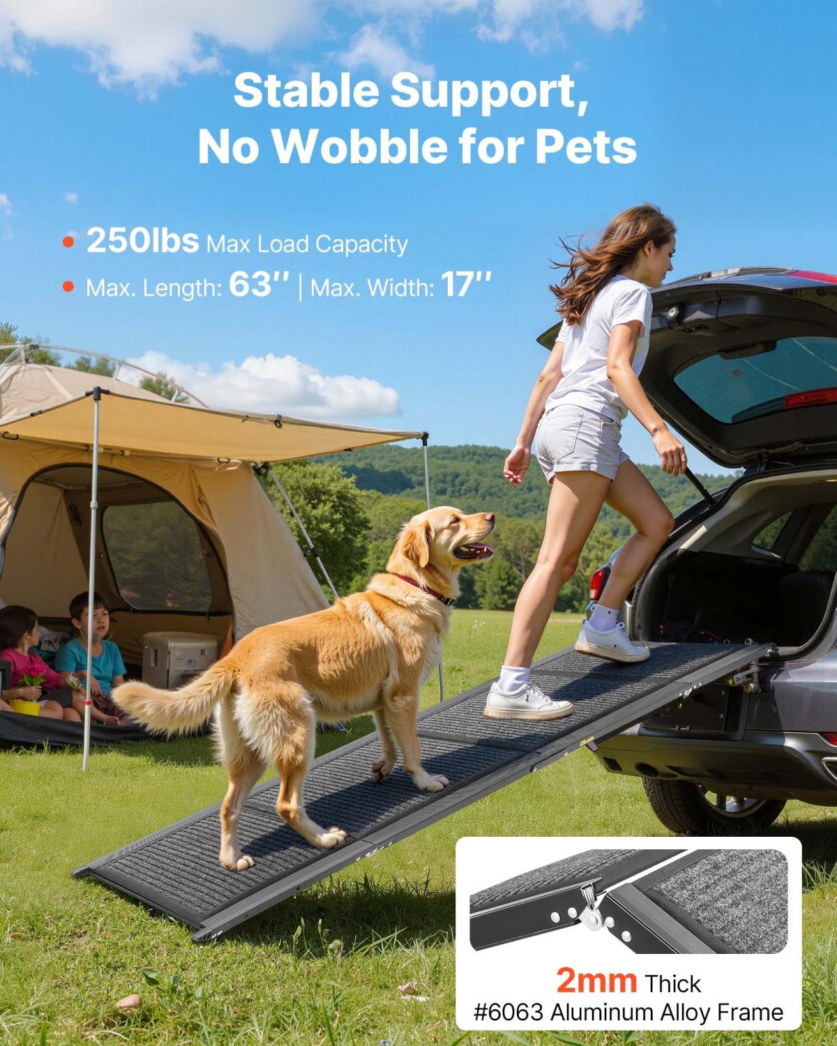 Dog Ramp For Cars, 63" L X 17" W, Folding Pet Ramps For Medium & Large Dogs Up To 250lbs, Pet Stair Ramp With Non-Slip Felt Rug Surface, Portable Outdoor Dog Car Ramps For SUV & Truck