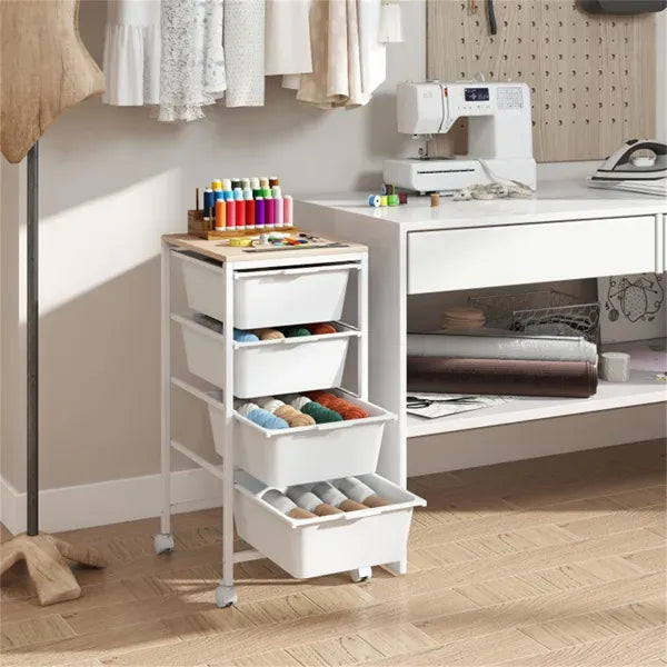 4-Drawer Rolling Storage Cart, Mobile Utility Organizer With MDF Wooden Top (Natural)