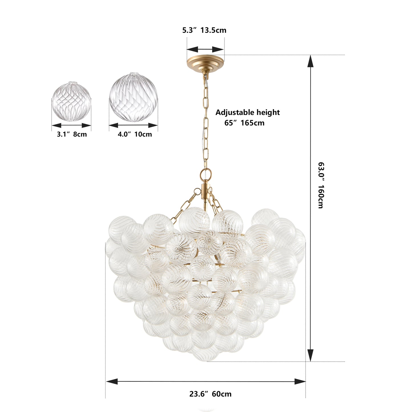 23.6-Inch Gold Pendant Light Chandelier With Threaded Clear Glass Globe Shade - Adjustable Height, Ideal For Living Room, Dining Room, Kitchen  No Bulbs