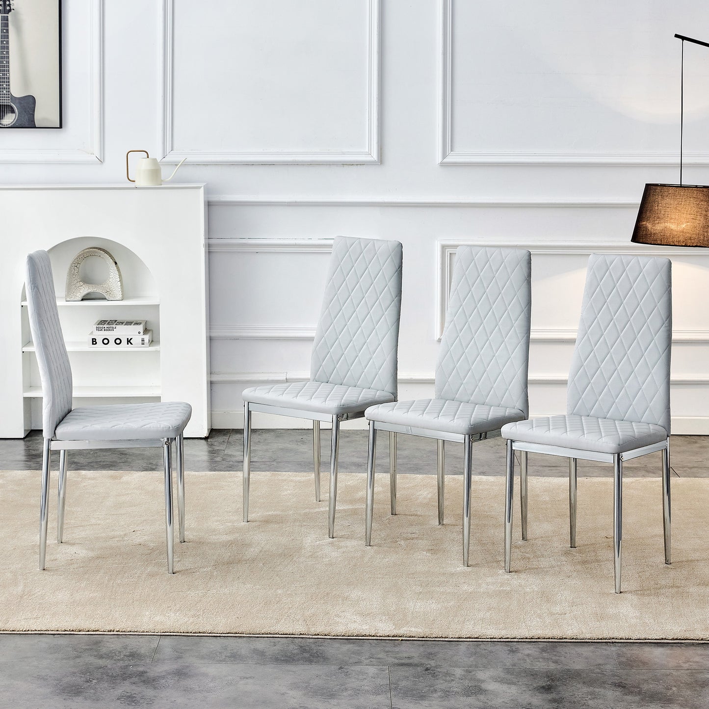 Set Of 4 Dining Chairs, Light Grey, Diamond Pattern PU Leather, Metal Legs, Modern Chair For Kitchen, Living Room, Cafe & Home Office