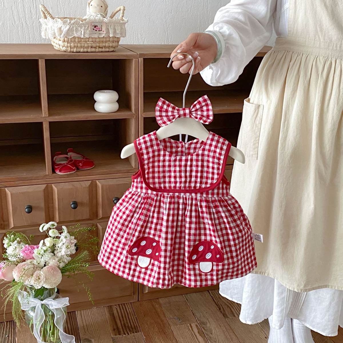 Korean-style Baby Embroidered Mushroom-Check Dress