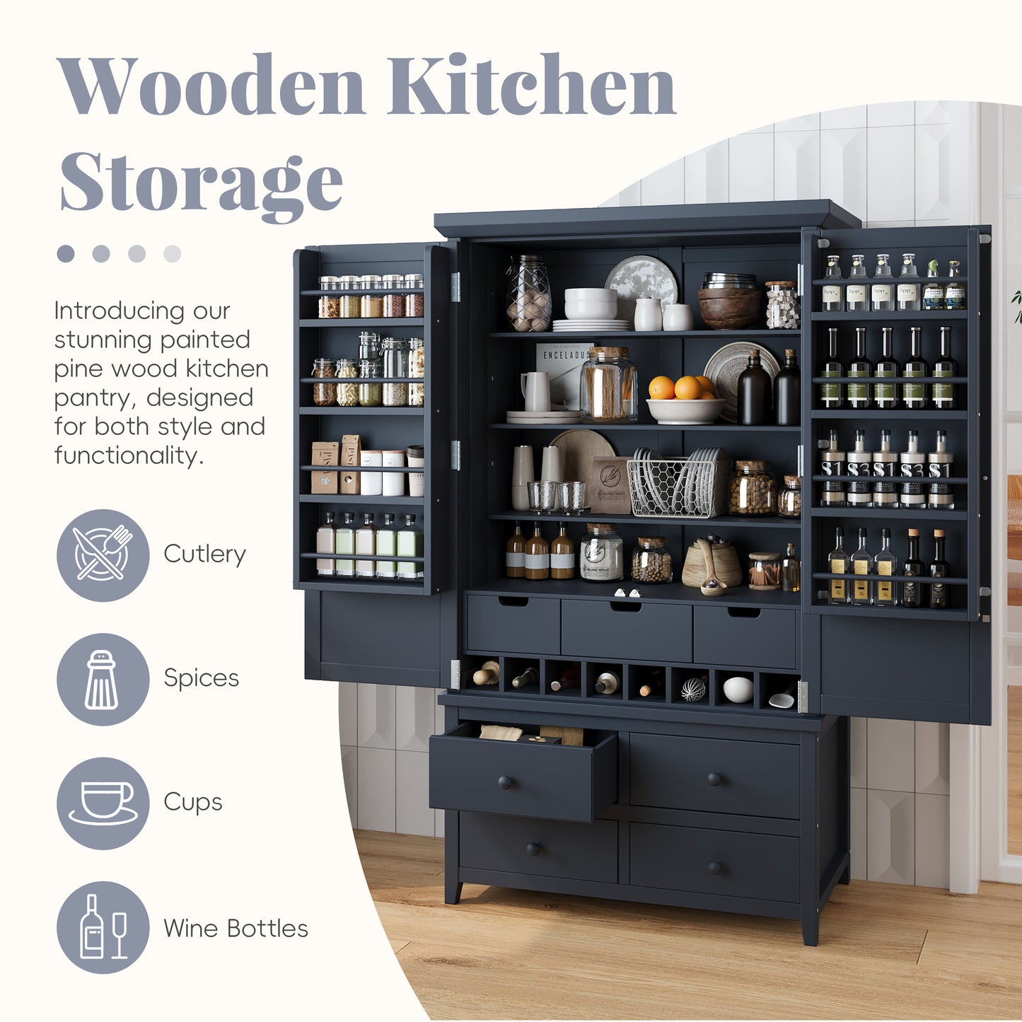 Assembly&Show Video Available TOPMAx Freestanding Large Kitchen Pantry Wooden Kitchen Storage Cabinet Cupboard With 8 Door Shelves 3 Adjustable Shelves 7 Drawers& 8 Wine Racks  Gray