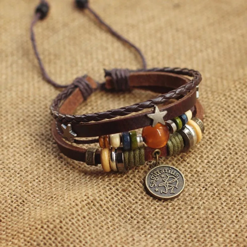 1pcs Multi-Layer Braided Leather Wooden Bead Star Zodiac Charm Adjustable Bracelet, Retro Boho Ethnic Style, For Men Women Daily Campus Travel & Constellation Holiday Gifts