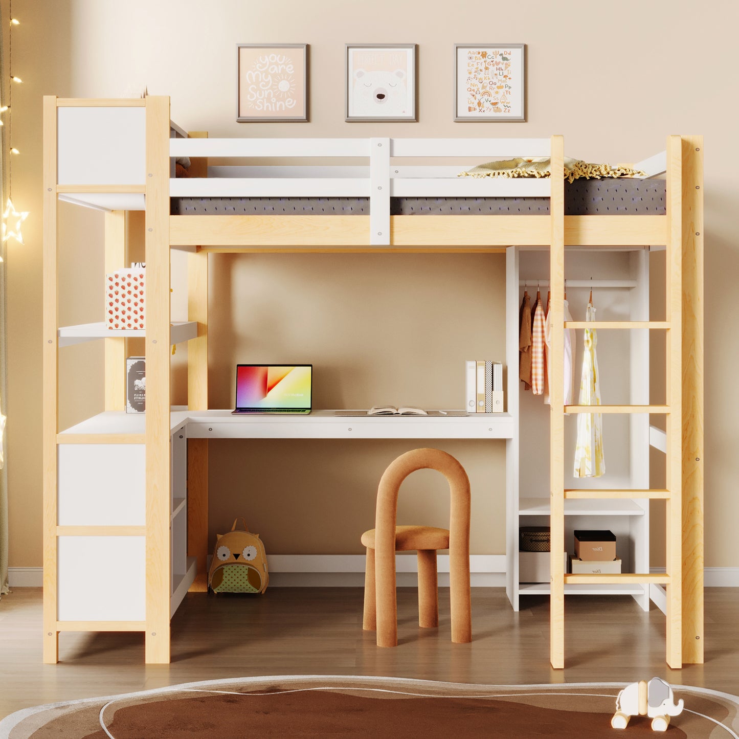 Loft Bed, 140x200 Cm, Shelves, Several Storage Compartments, Desk, Wardrobe, Without Mattress, Natural