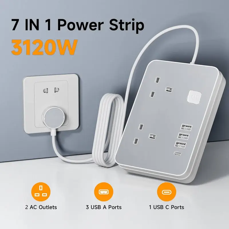Wiselead YG2K4U 2-Socket Extension Lead With 4 USB 3.1A Smart Fast Charging Overload Protection 10A 240V