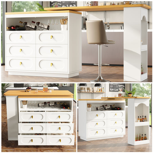 High Quality Extendable Bar Table With 360 Swivel Function And Storage Space, Length Adjustable From 138-203cm, Modern Rolling Bar Table With Drawers For Kitchen, Living Room, Dining Room, Home Offic