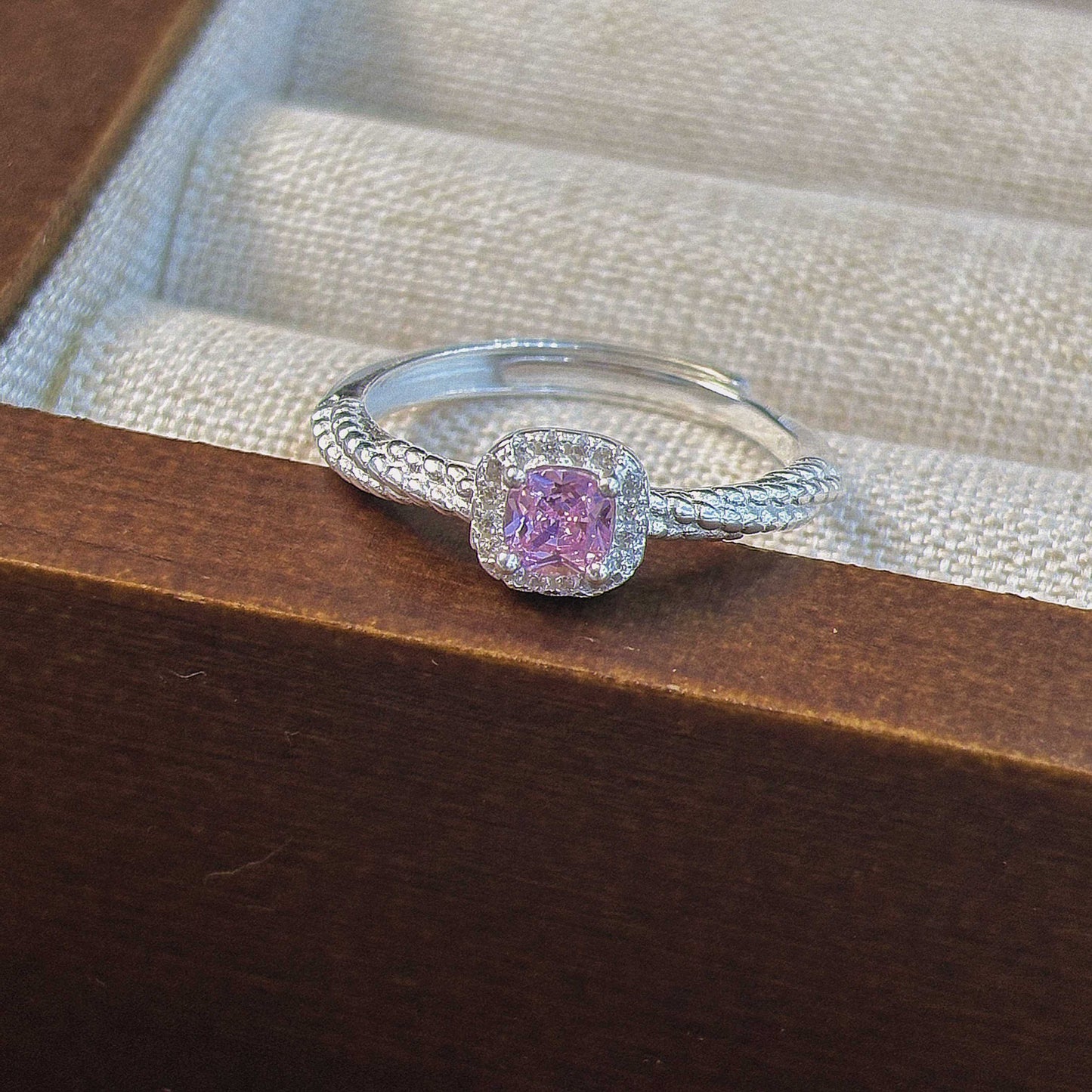 1 Piece 999 Sterling Silver Pink Cushion Cut CZ Ring, Halo Pave Twisted Band Style, For Daily Wear & Valentine's Gifts