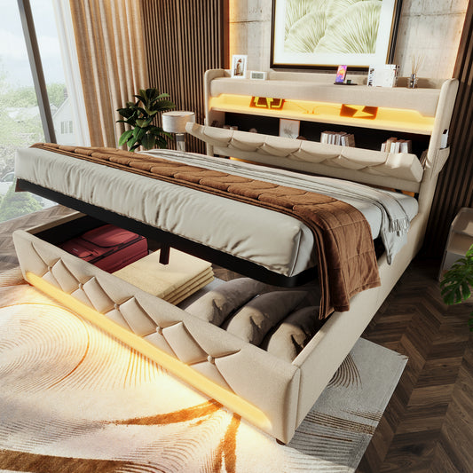Upholstered Bed 150 X 200 Cm With LED Lighting, USB Type-C Charging, Storage Headboard For Cellphones And Tablets, 5ft Hydraulic Storage Bed With Metal Slatted Frame, Linen, Beige No Mattress